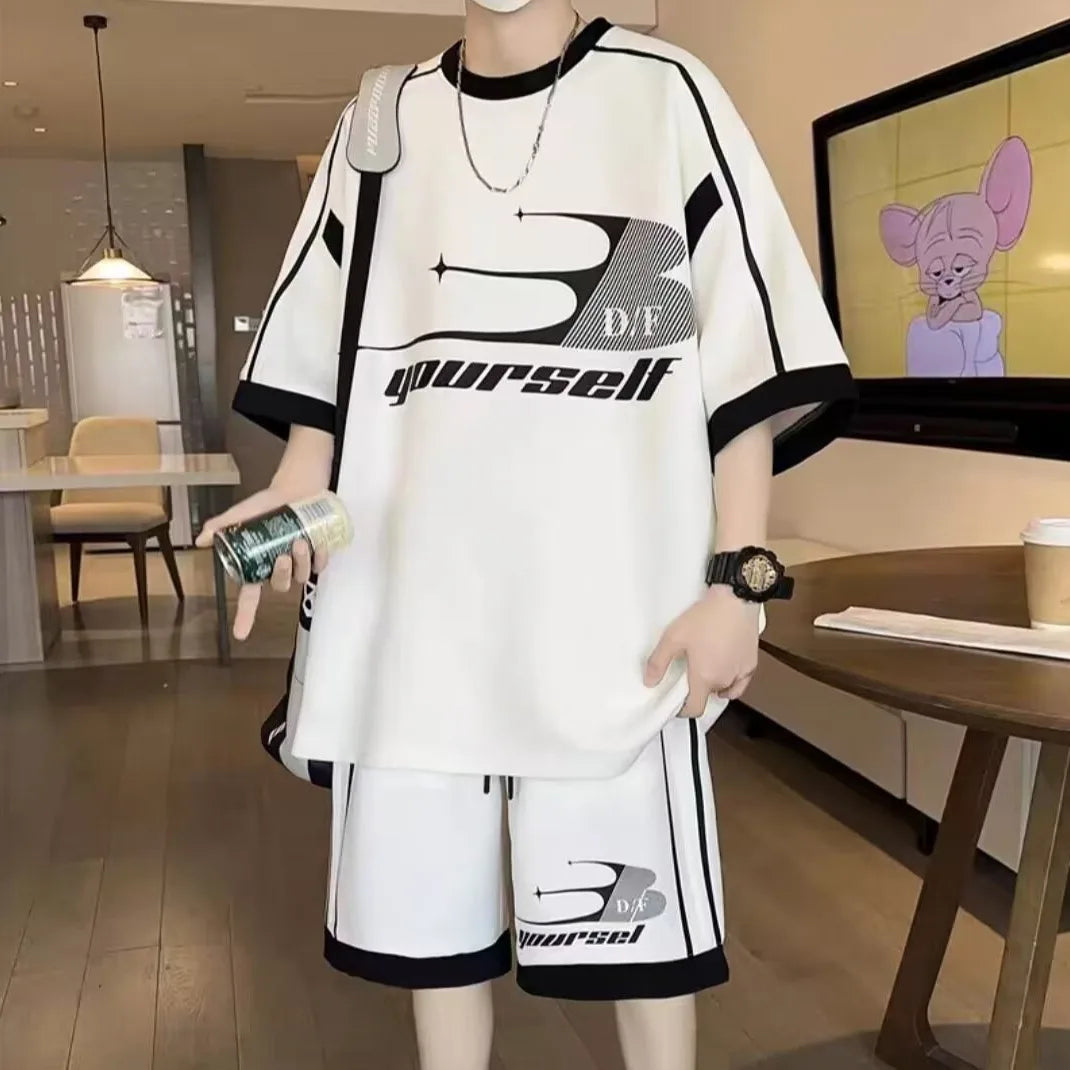 Summer Men'S Large Suit S-6Xl New Trendy Two Piece Set Korean High Street Fashion T-Shirt Shorts Tracksuits Designer Clothes Men