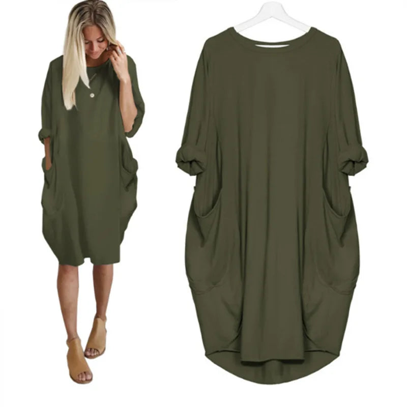 Women's Dress Oversize O-neck Loose Red Version Casual Street Pocket Fashion Black Solid Color Beach Vacation Skirt