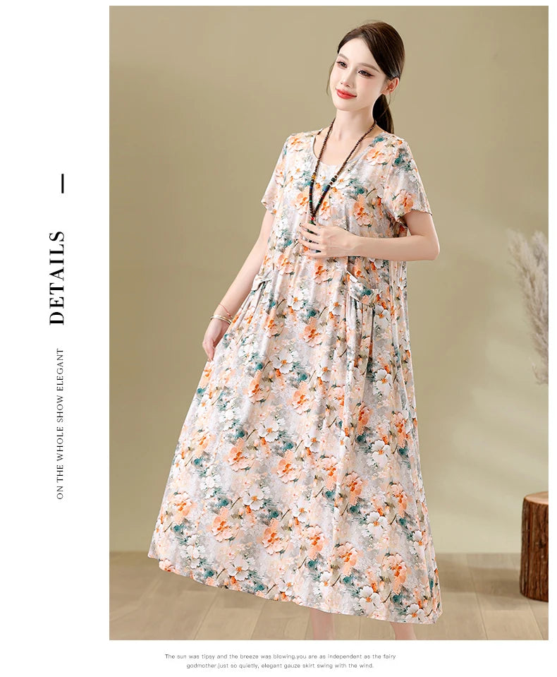 New Fashion Casual Summer Dresses For Women 2026 Loose Plus Size Clothes Elegant printting O-neck Short Sleeve Woman Clothing