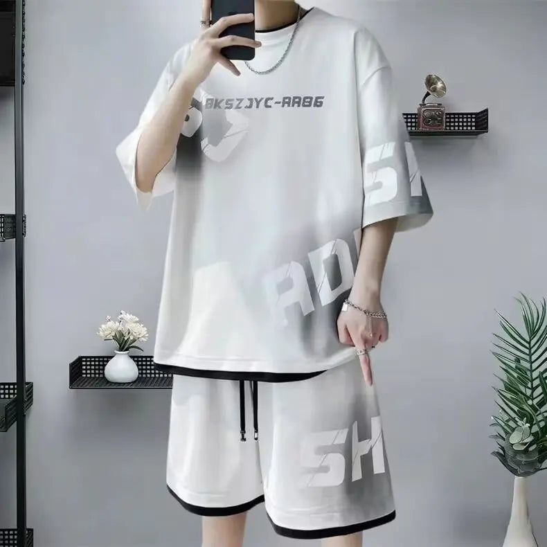 Summer Men'S Large Suit S-6Xl New Trendy Two Piece Set Korean High Street Fashion T-Shirt Shorts Tracksuits Designer Clothes Men