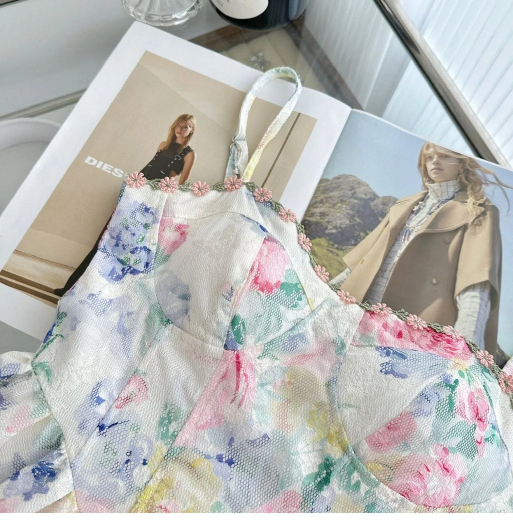 Sweet Pure Desire Style Women's Floral Print Halter Dress Slimming Waist Design Casual Summer Polyester Fiber Gown