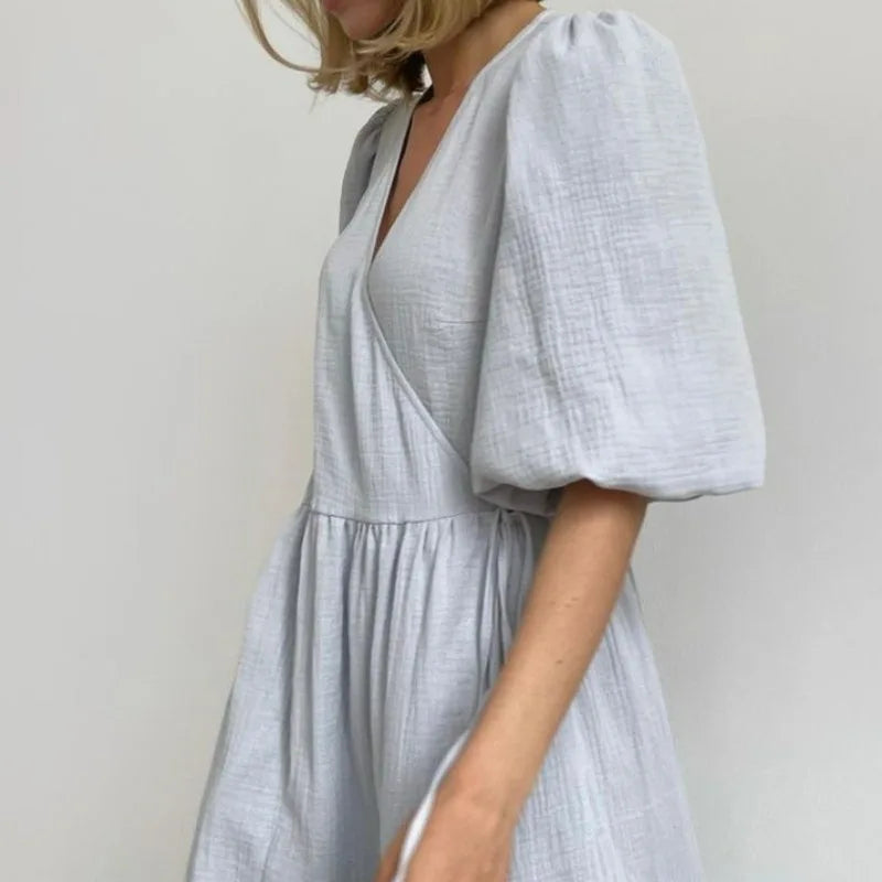 Long Dress Women Dresses Vestidos Lace Up V Neck Puff Sleeve Solid High Waist Female A Line Office Lady Summer 2025 Maxi Gown