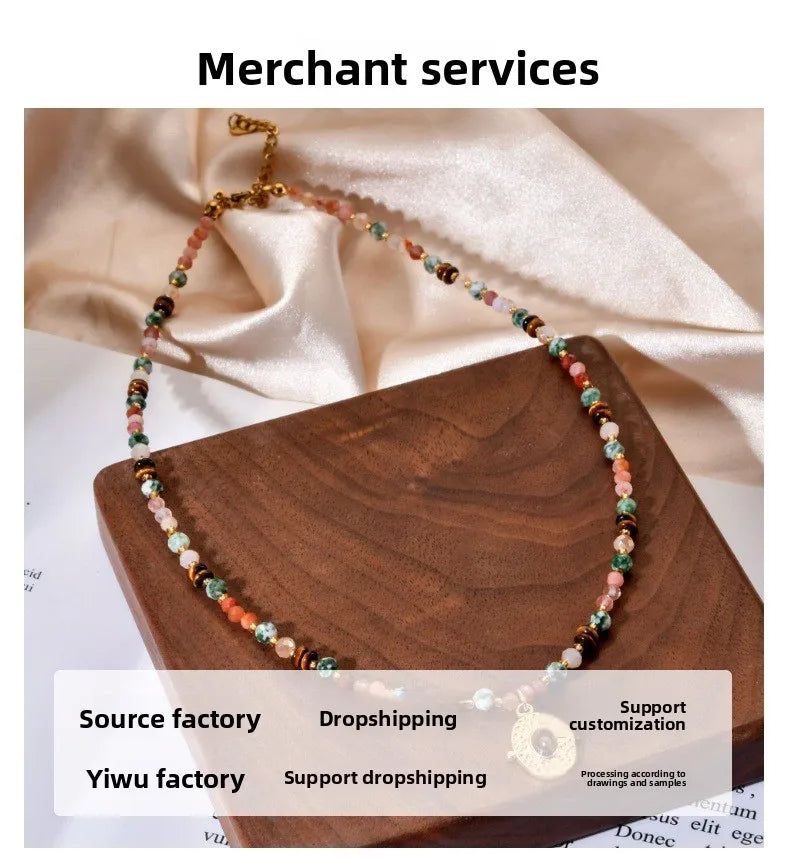 Bohemian Style Multi-Color Natural Stone Beaded Necklace Stainless Steel Pendant Fashionable Versatile Clavicle Chain Jewelry