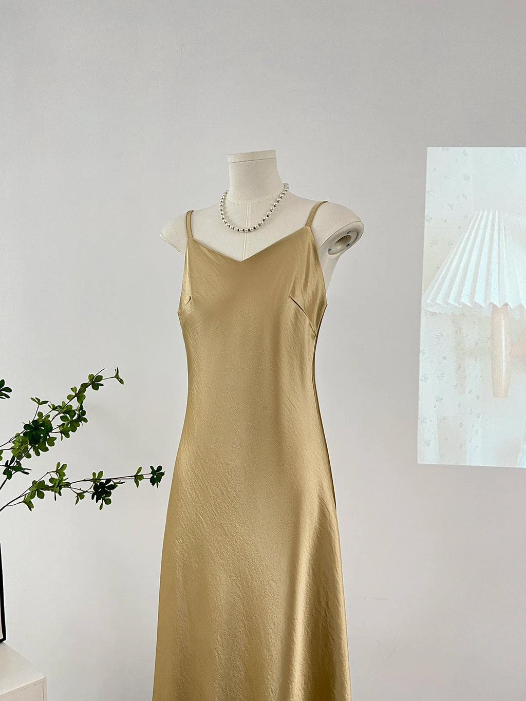 Elegant Women Spaghetti Strap Satin Dresses Summer V-Neck Solid Color Thin Sleeveless Long Dress Women A-Line Dress