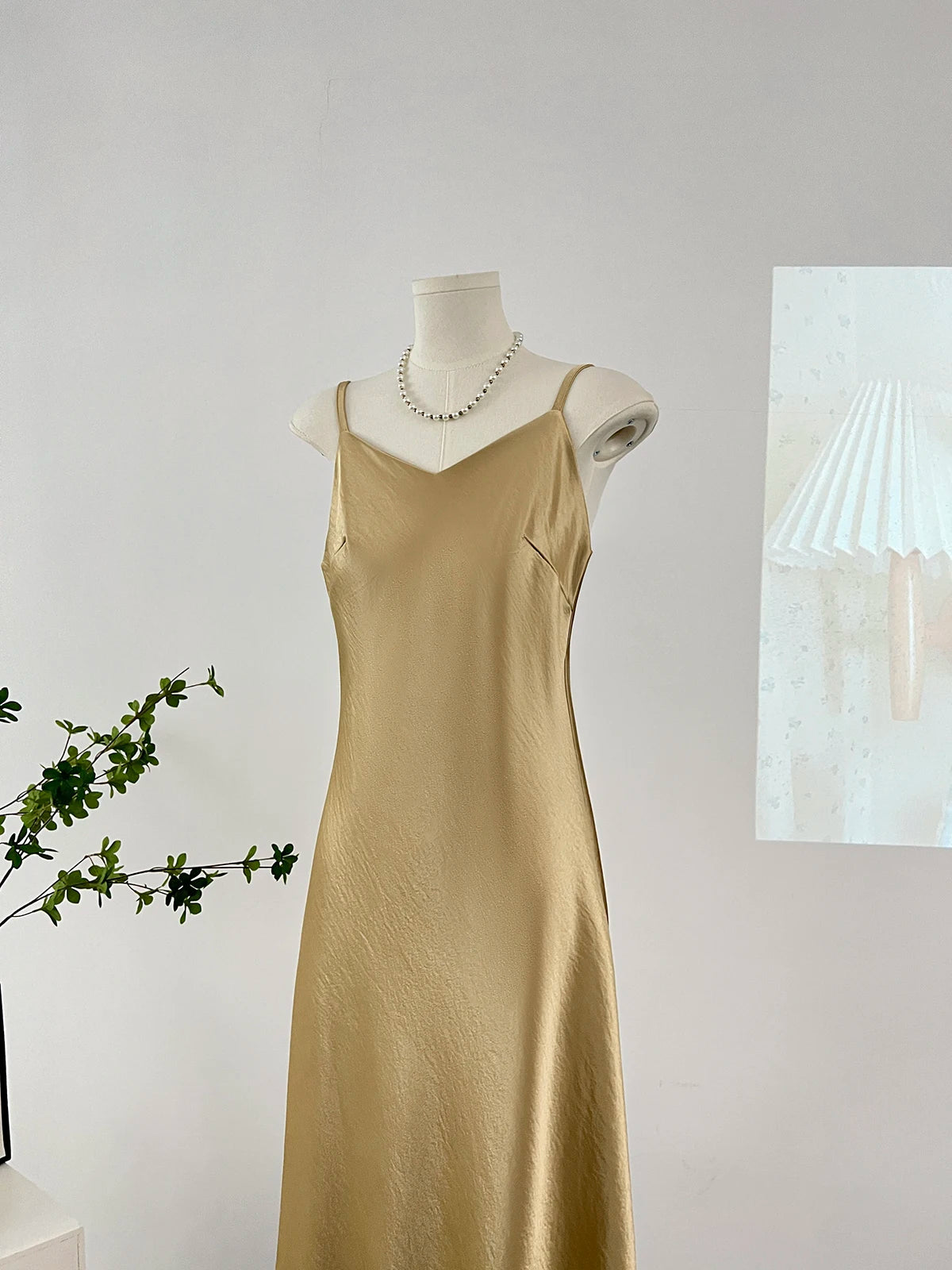 Elegant Women Spaghetti Strap Satin Dresses Summer V-Neck Solid Color Thin Sleeveless Long Dress Women A-Line Dress