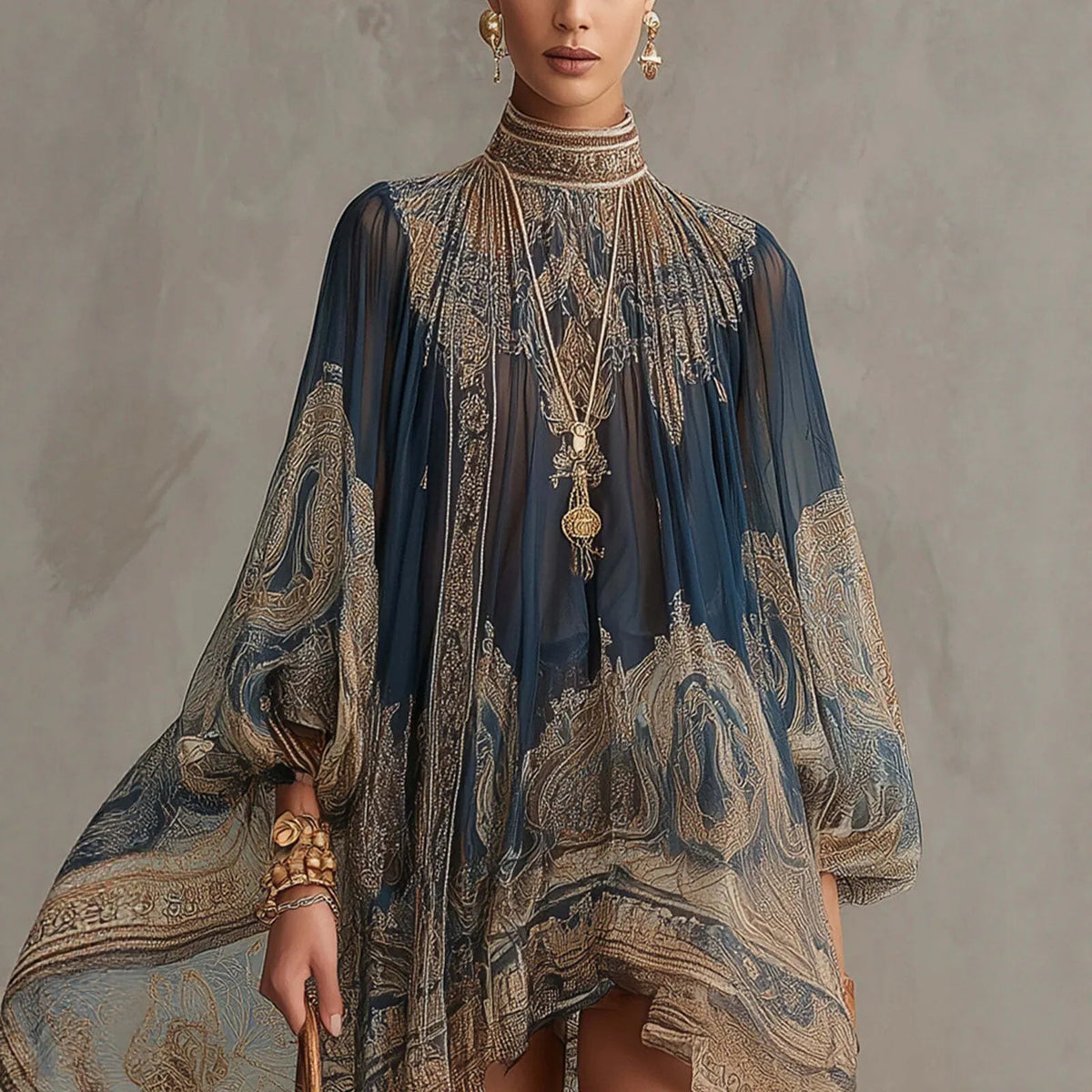 New European-style High-neck Printed Chiffon Dress with Loose, Casual Vacation-themed Shawl Sleeves.