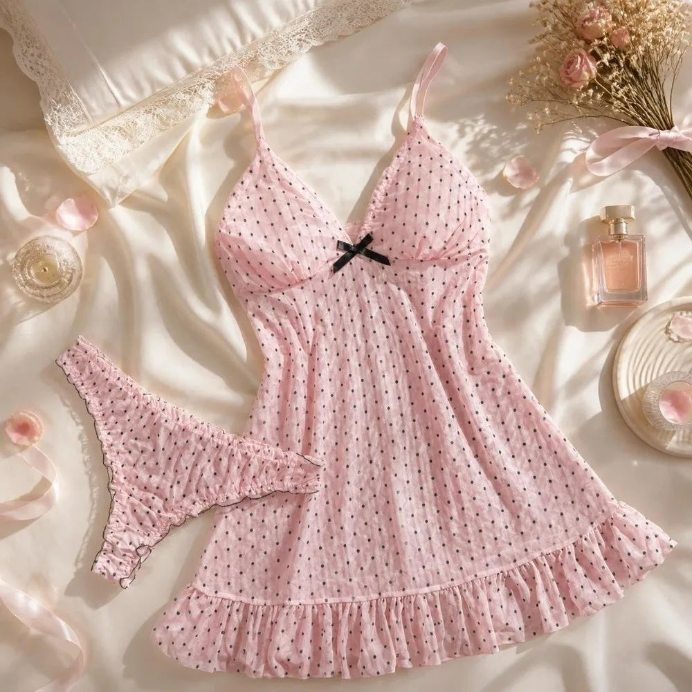 Home Wear Polka Dot Sweet Nightdress Transparent Mesh Sheer Nightwear Skirt Ruffle Hem V Neck Sleeveless Nightgown Women