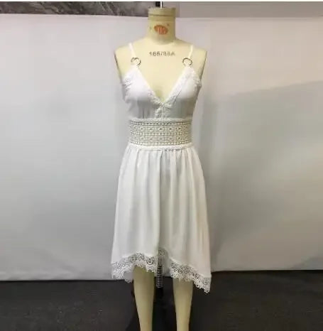 Western Bohemia Women's Dress White Lace Hollow Out High Waist Sleeveless Vacation Midi Dress Chic Ruched Irregular Hem Dresses