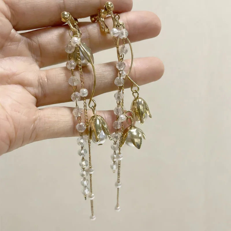 Korean Fashion Style Pearl Long Tassel Clip on Earrings for Women Simple Temperament Long Chain Non-piercing Ears Clip Earrings