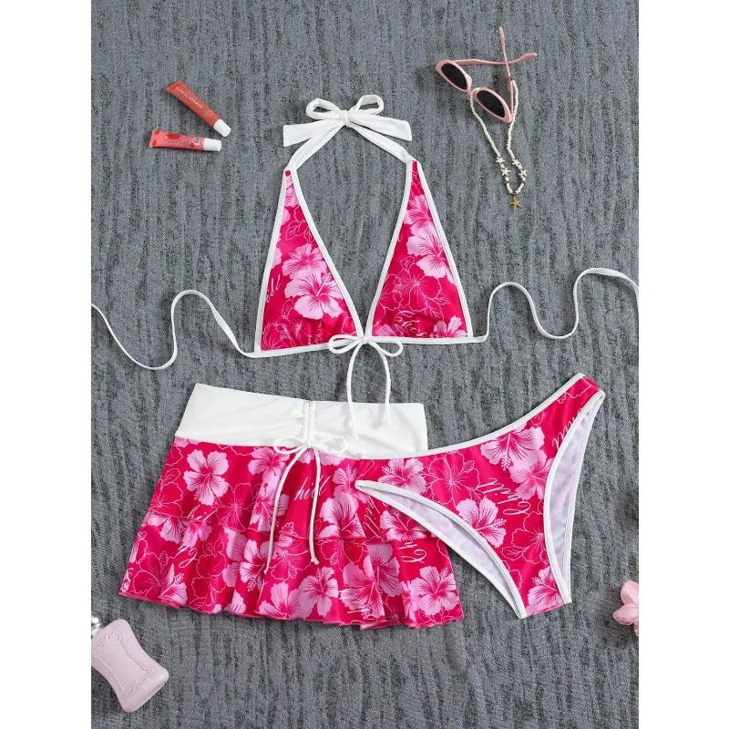 Elegant Floral Color Block Swimsuit Women Triangle Halter High-Waist Bikini Set Cover Up Skirt 2026 New Micro Bikini Three-Piece