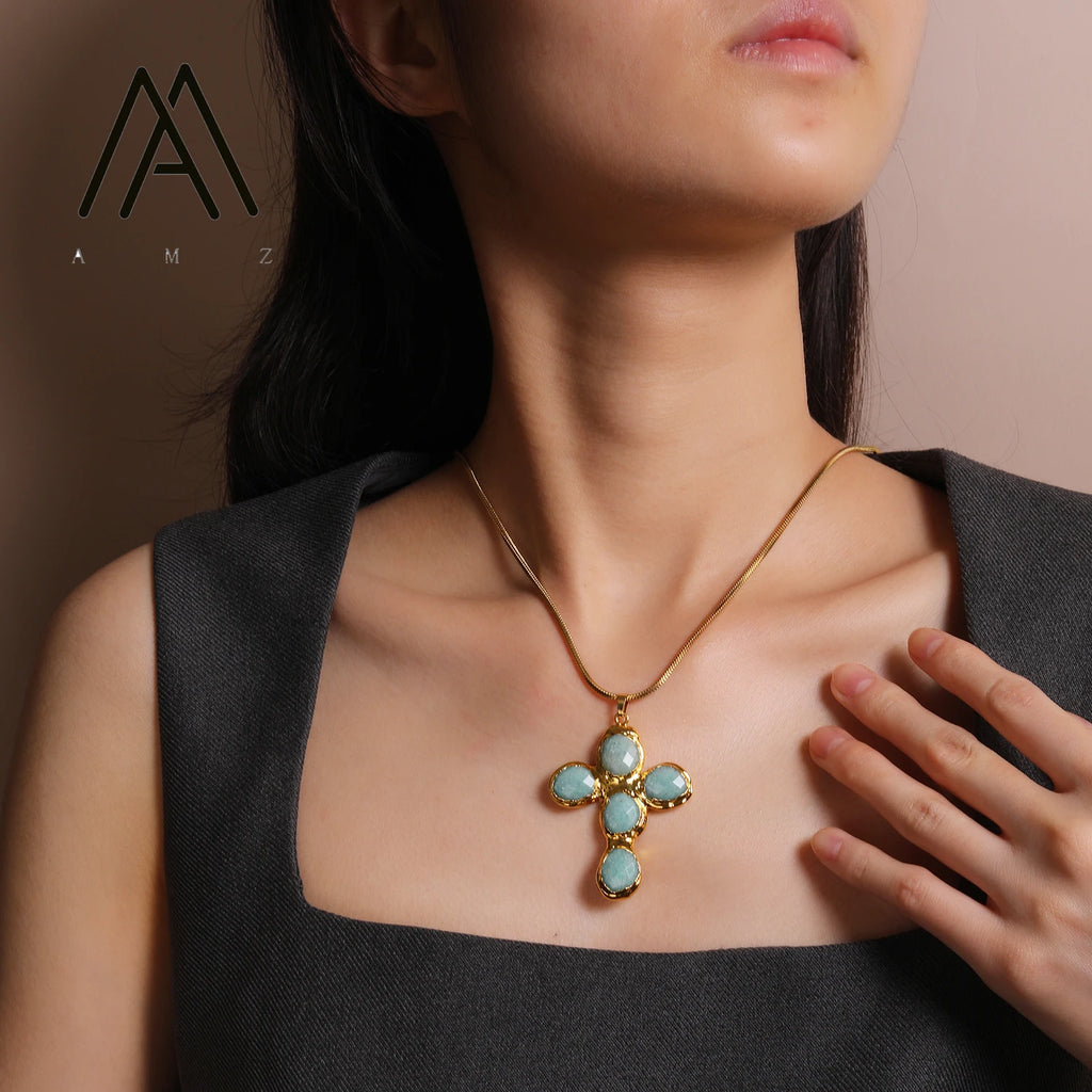 Cross Pendant Necklace Natural Moonstone Tianhe Stone Jewelry Classic Elegant Style Necklace Wedding Banquet Daily Jewels
