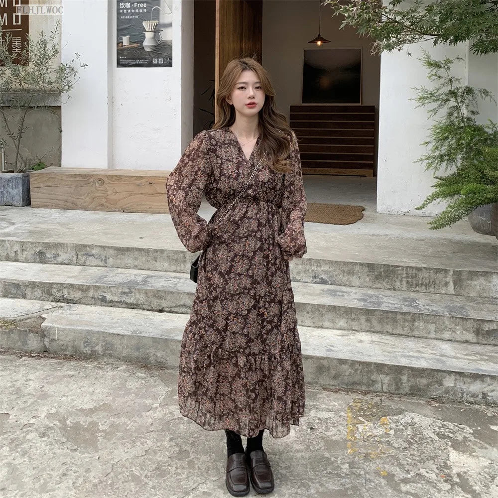 Chic Korean Clothes Design 2022 Autumn Spring Womens V Neck Elegant Lady Floral Printed Retro Vintage Long Maxi Dress