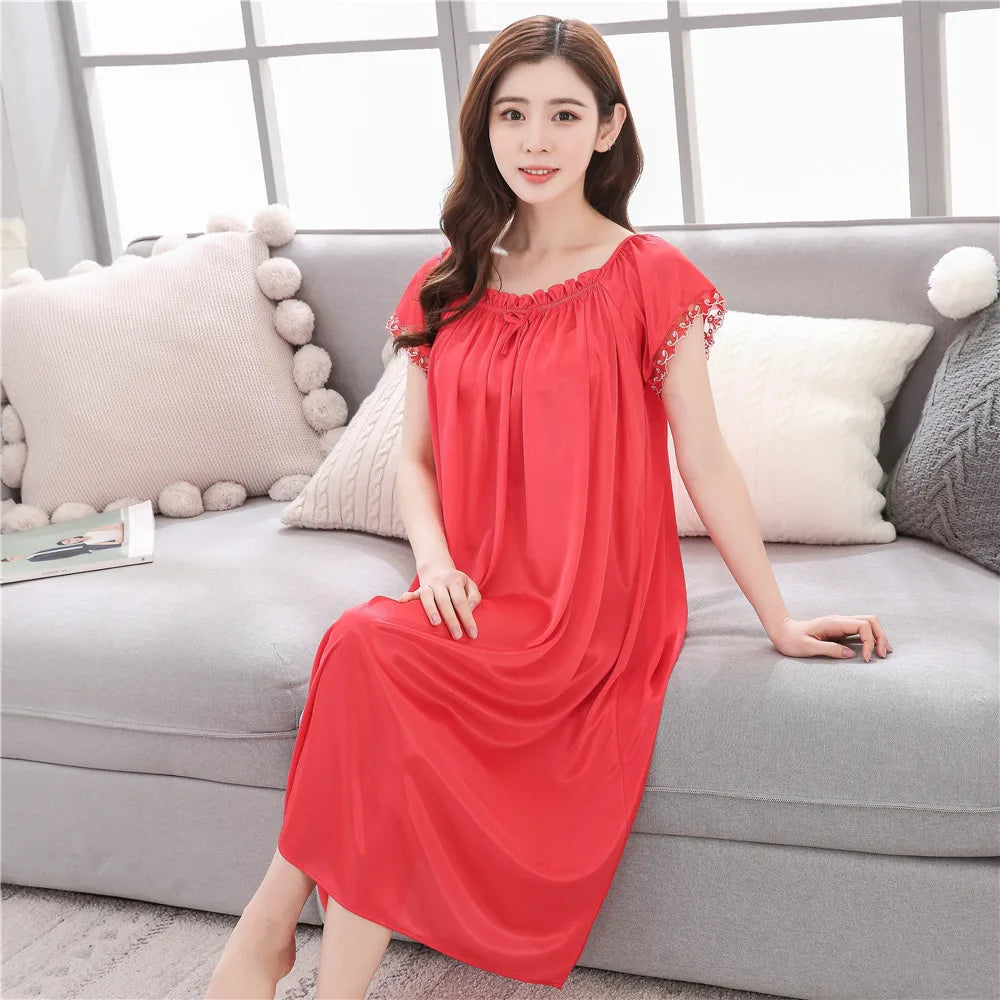 2026 New Women's Summer Imitation Silk Sleeping Skirt Multi Colored Short Sleeved Home Clothes Ice Silk Pajama Dress