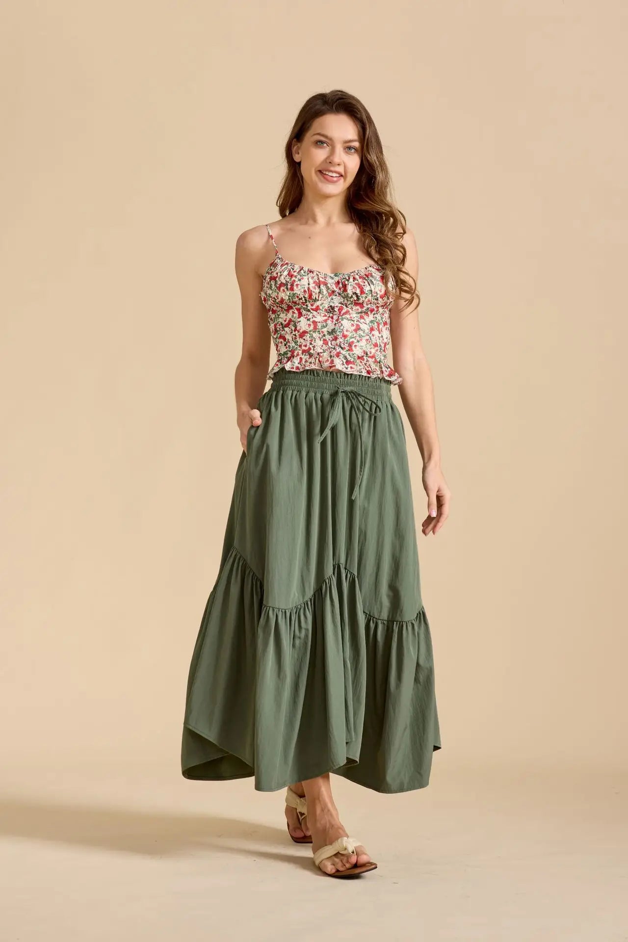 Summer Boho Maxi Skirt Women's Adjustable Drawstring High Waist Cascading Ruffles Artistic Flare European Vintage Style Sexy