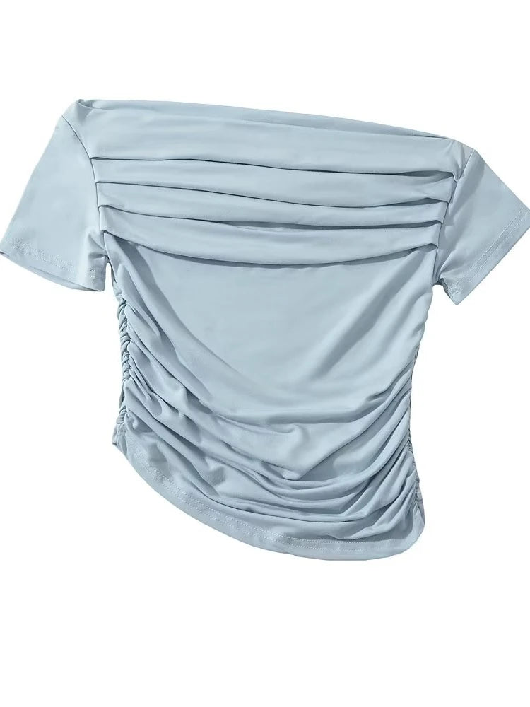 Sexy Spicy Girl Short Sleeve Slim Fit Pleated One Shoulder Base Shirt Street Snap Popular Thinming Street Snap Top for Summer