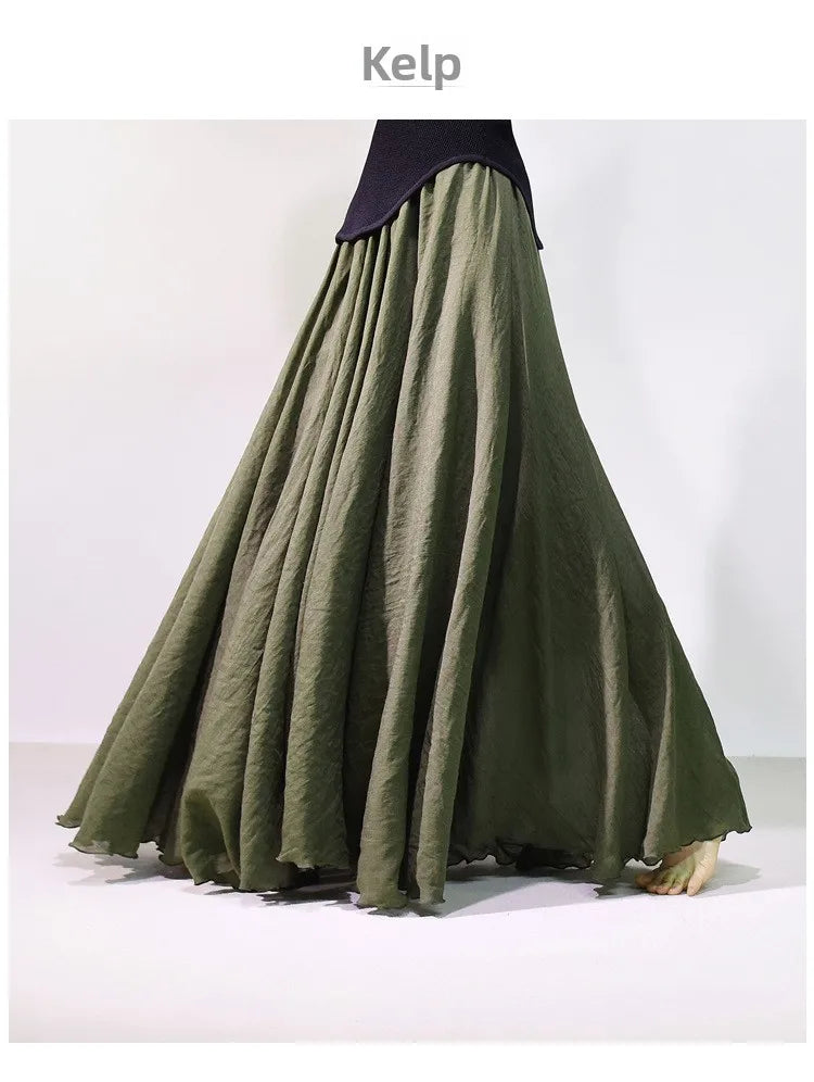 New In 2026 Spring Summer Woman Cotton Linen Midi Skirt Solid Color Loose Flared Pleated A-line Skirt Female Sweet Elegant Skirt