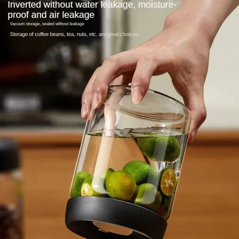 Cafetera de Tapa Negra de Múltiple Capacidad, Jarra de Almacenamiento Manual al Vacío a Prueba de Humedad, Tetera de Vidrio para Cocina, Bote Sellado para Granos de Café