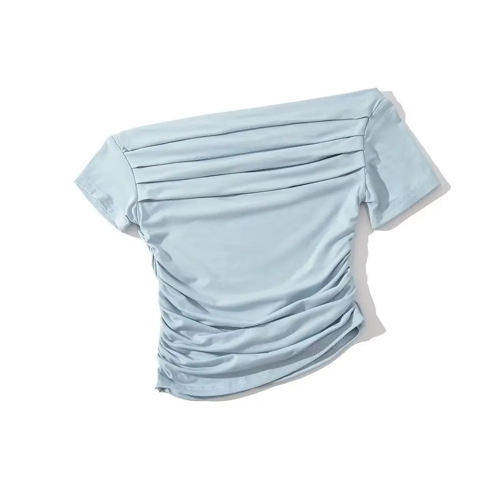 Sexy Spicy Girl Short Sleeve Slim Fit Pleated One Shoulder Base Shirt Street Snap Popular Thinming Street Snap Top for Summer