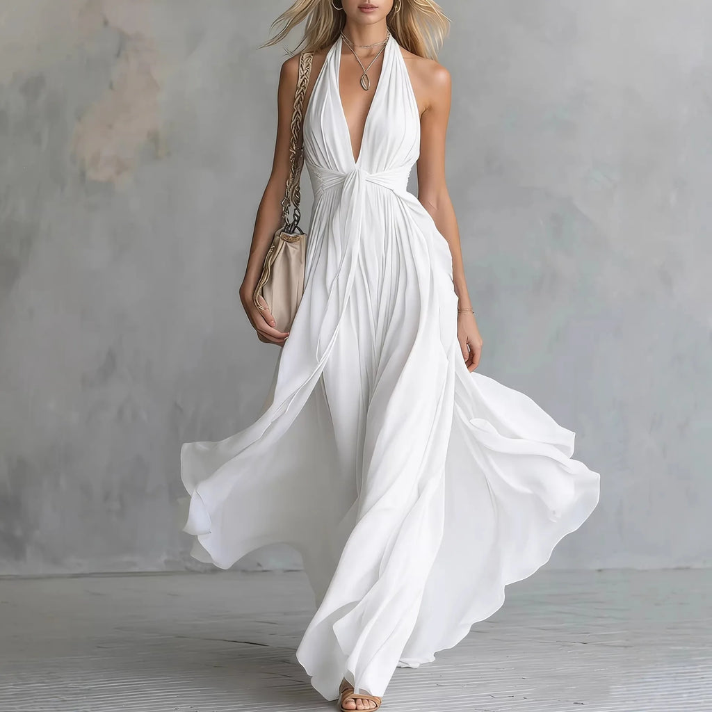 Solid Color V-neck Sleeveless Waist Cinching and Neck Hanging Dress for Slimming and Elegant Temperament Evening Gown
