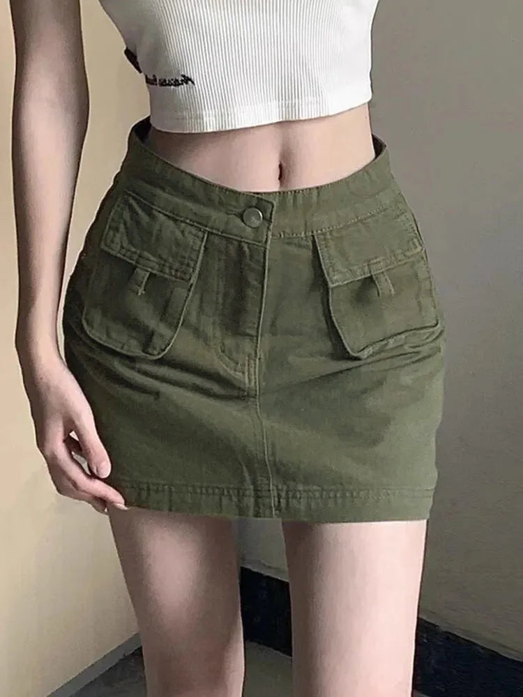 Slimming Effect Retro Military Green Workwear Denim Short Skirt High Waist Half Body Skirt Large Size Loose plus Size Women's...