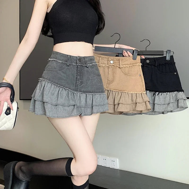 Fashion 2025 New Denim Patchwork Ruffle Denim Skirts Women Summer Retro High Waist Slim Skirts Woman