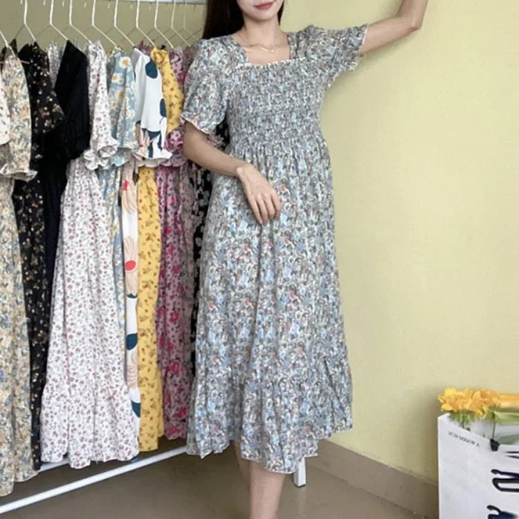 Fashion Female  Vestidos Short Sleeve Pleated A-line Dresses Spring Summer Elastic Waist Chiffon Dress Women Casual Dresses