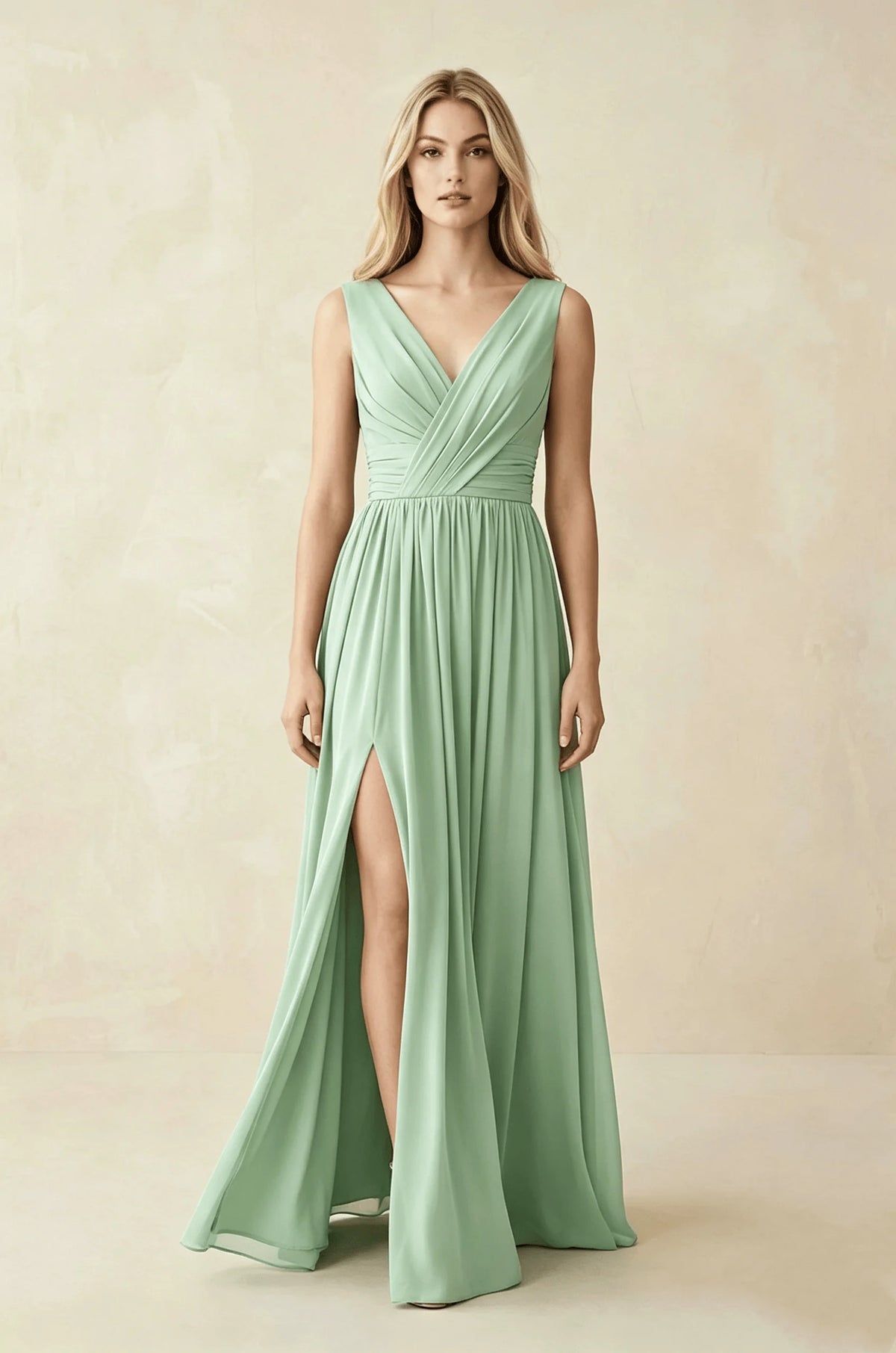 Sleeveless Deep V Neck Chiffon Formal Dress Ruched Empire Waist Front Split A‑Line Floor‑Length Bridesmaid Party Prom Dresses