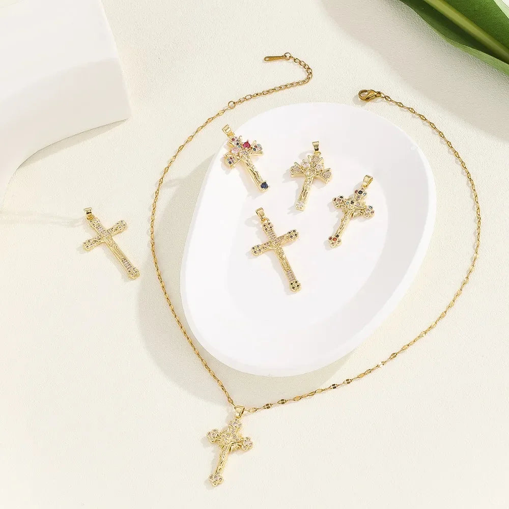 Light Luxury And Cross Colored Zirconium Micro-Paved Zircon Necklace Pendant Personalized Niche Clavicle Chain