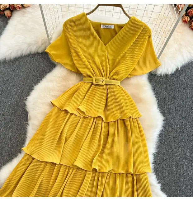 Beach Vaion Vintage Women's V-ne High-waist Cake Dr Ele Aosphere Maxi Skirt Loose Fit ort Sve Ci Commute