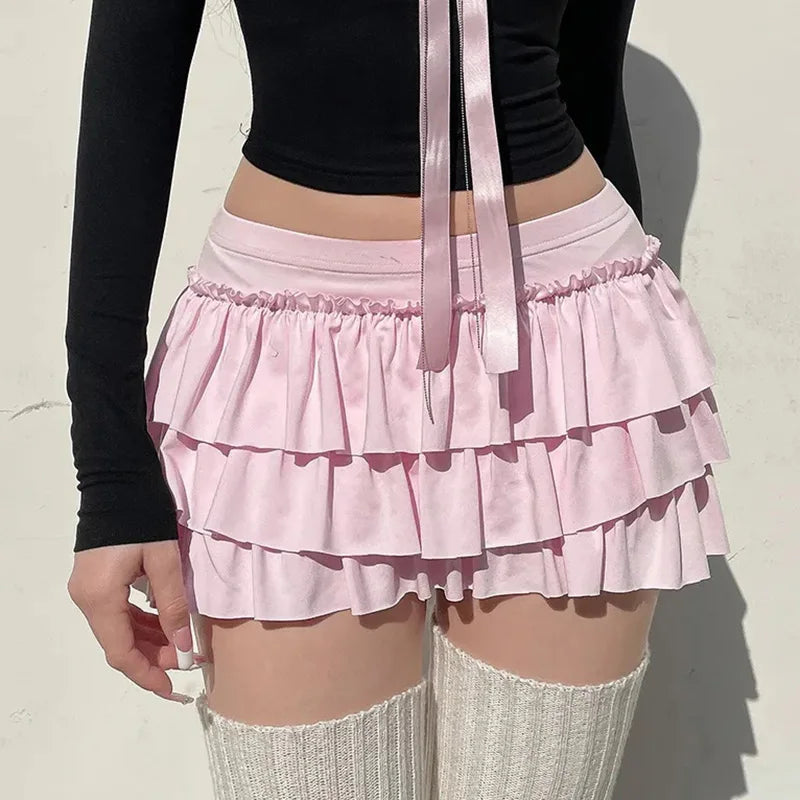Pink Ruffled Mini Skirt Women Fashion Sexy Bow Pleated Skirt Casual Layered Sweet Preppy Style Summer Hot Skirt.
