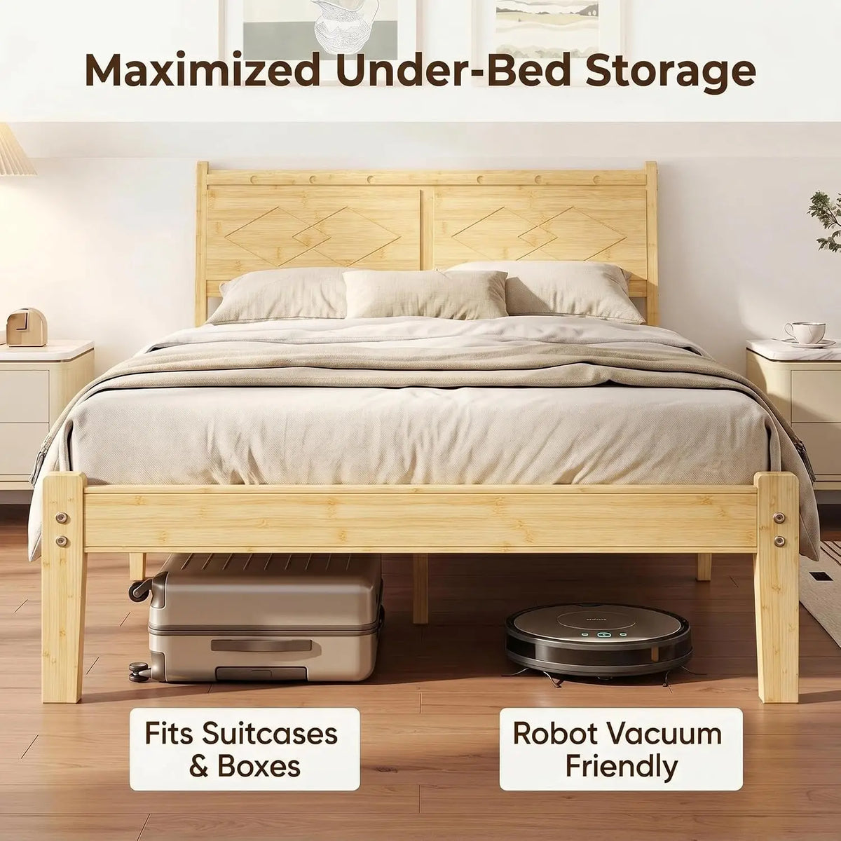 Bamboo Wood Queen Bed Frame with Ergonomic Slant Headboard