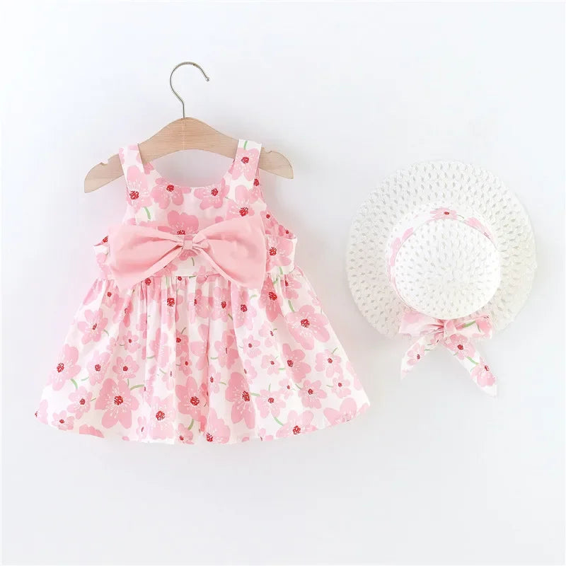 Beach Party Baby Girl Flower Dress Summer New Sweet Bow Children'S Clothing+Hat (9 Months -3 Years Old)