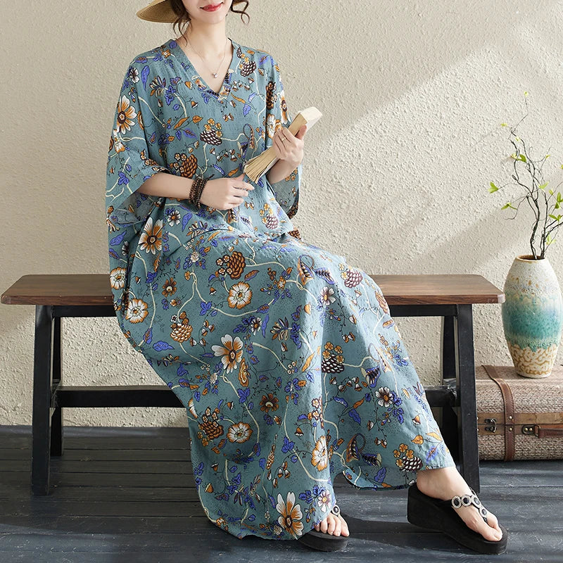 Summer Fashion Print Short Sleeve Dress V-Neck Conceal Hip Large Size Women's Dress Retro Commute Style Cotton Long Dress