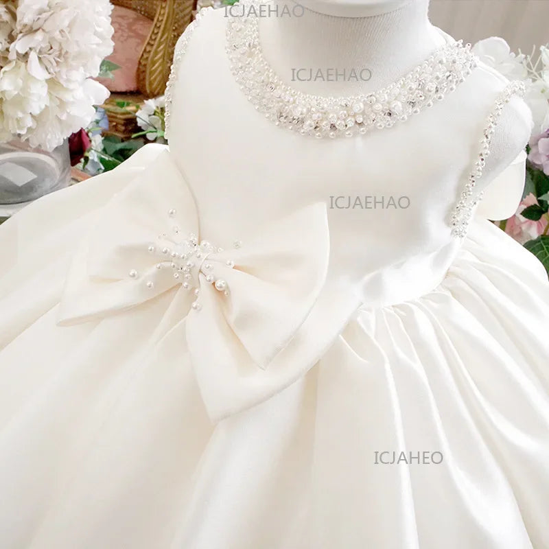 Wedding Princess Tutu Dress Baby First Birthday Party Kids Competition Children Flower Girl White Formal Performance Costume