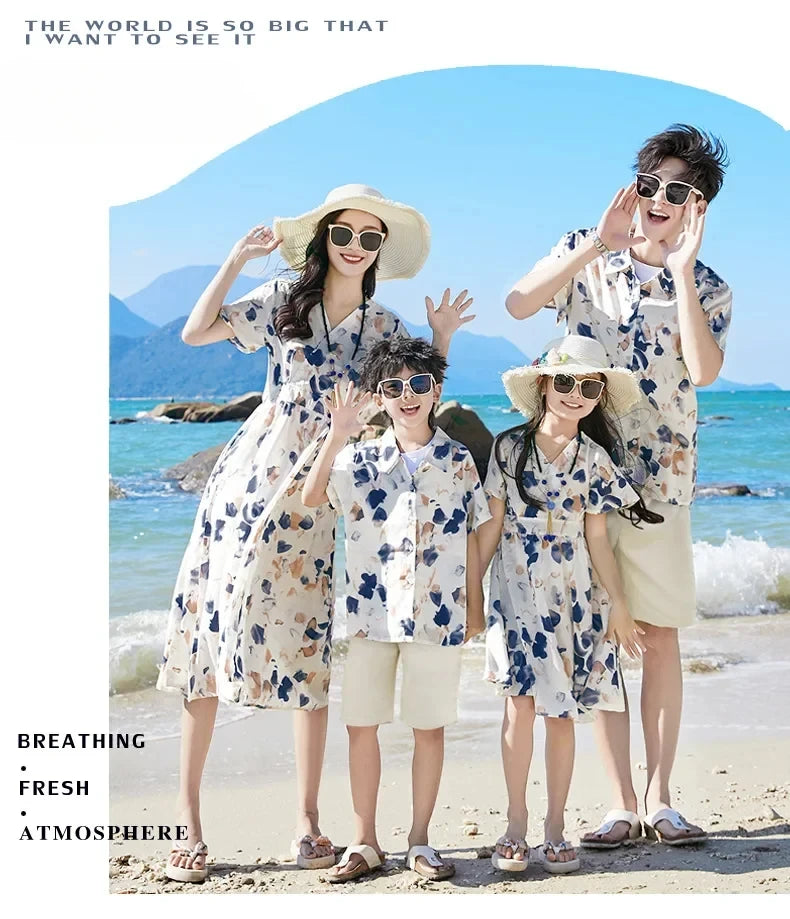 2025 Mom and Daughter Short Sleeve Dress Holiday Summer Family Vacation Look Clothes Dad and Son Shirts Two Piece Outfits Sets
