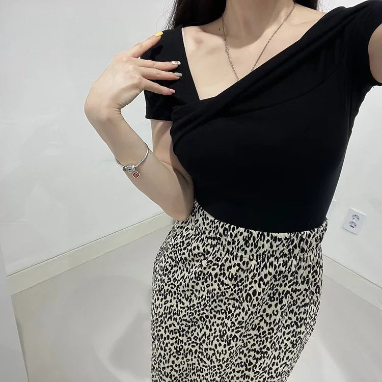 Slim Fit Short Sleeve T-Shirt Women's Summer Sexy Pure Desire Diagonal Collar Flip  Korean Style Commute Pure Color Top