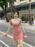 Plus Size Red Plaid A-Line Dress | High Waist Lace Trim Korean Style