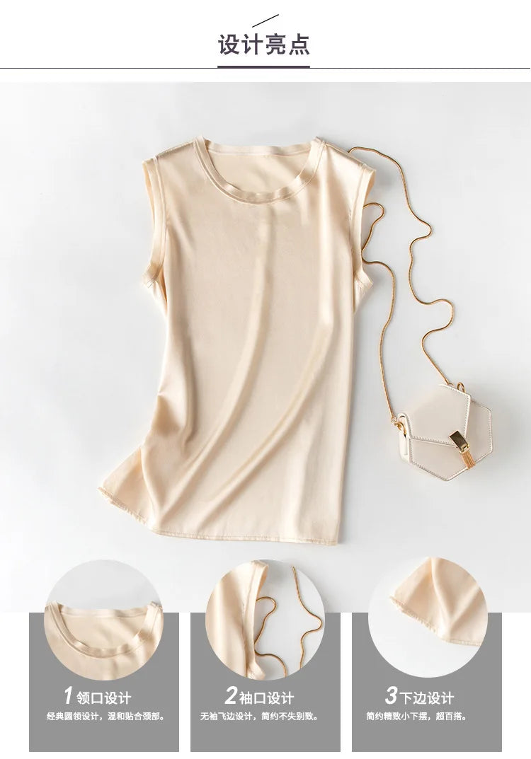 Heavy Silk Women's Sleeveless Top T-shirt Autumn Silk Top Silk Satin Bottom Top Solid Color T-shirts Satin Shirts for Women