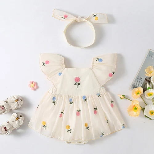 Baby Girl Sleeveless Romper and Hat Set - Cotton Print, 0-24M