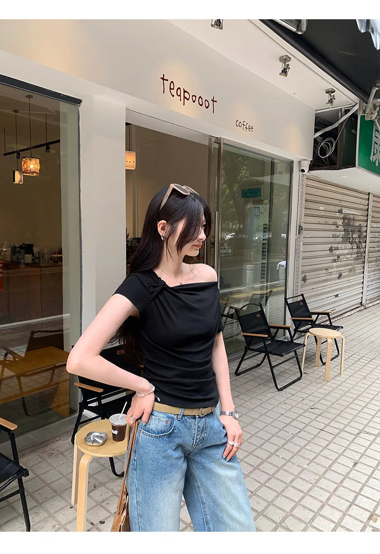 Slim Fit Short Sleeve T-Shirt Women Summer New Style Shoulder Bared Neckline Gathered Waist Elastic Band Casual Style Top