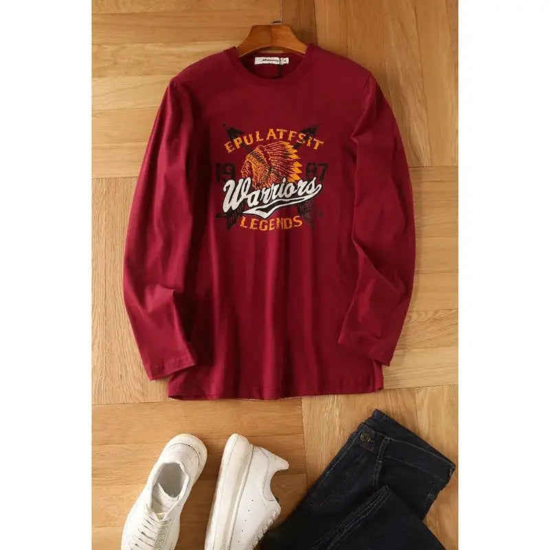 Men's Premium Pure Cotton Long Sleeve T Shirt With Washed Brushed Finish Retro American Print For Men