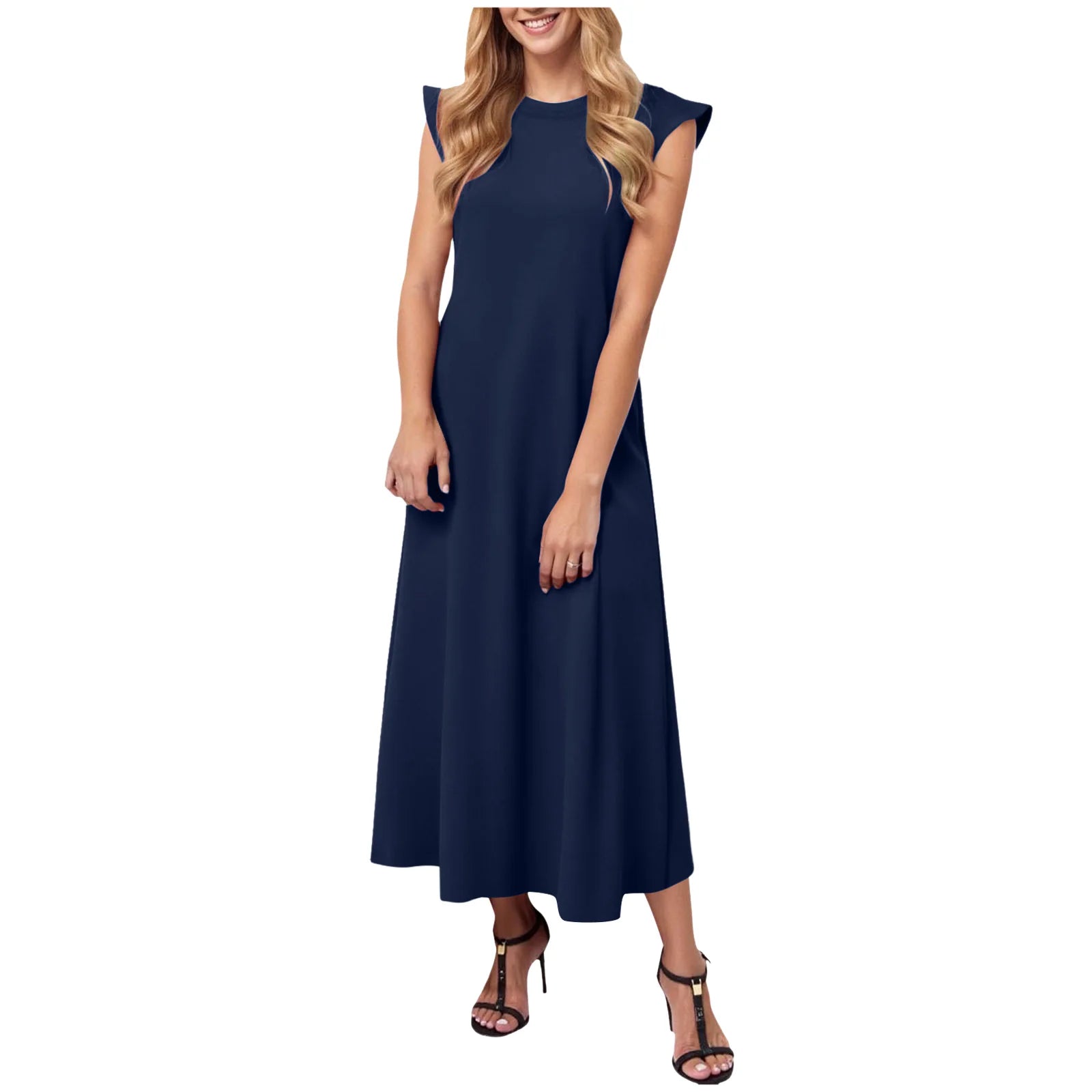 Women's Solid Color Summer Dress Flying Short Sleeve Loose Fit A Line Long Dress Casual Oversized O Neck Beach Vestidos Mujer