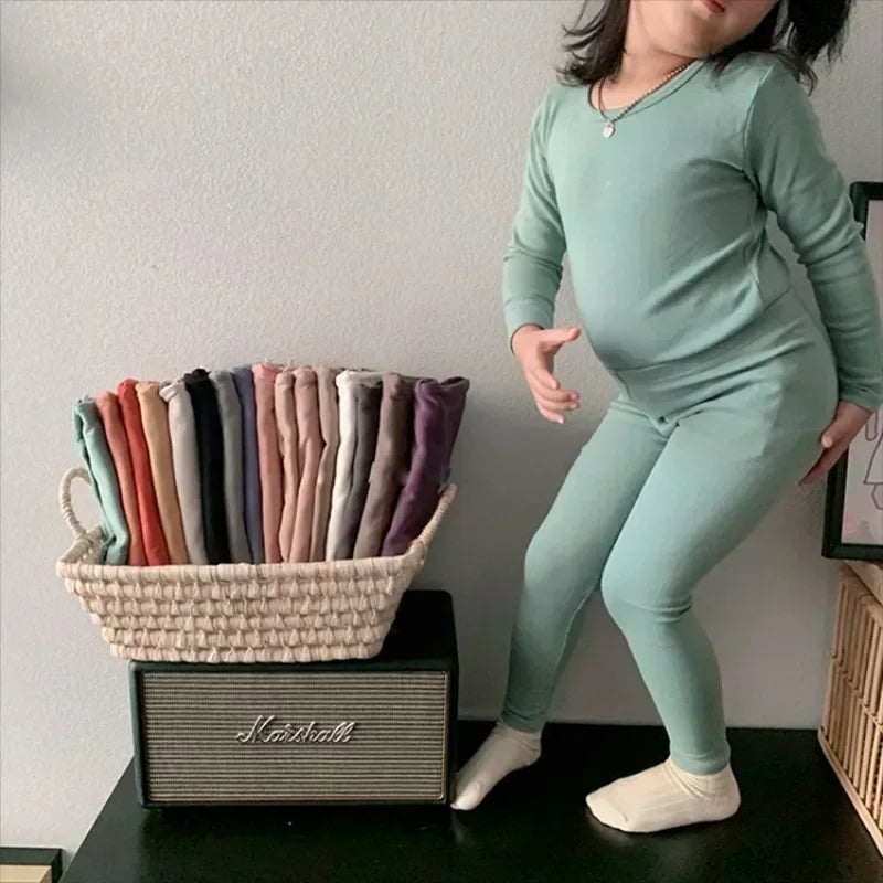 Kids Unisex Ribbed Cotton Pajama Set - Long Sleeve Pullover & Pants