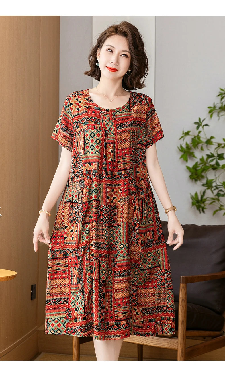 New 2025 Summer Dress Long Vintage Loose Women Elegant Sundress Dress Casual O-neck Dresses Print Plus Size