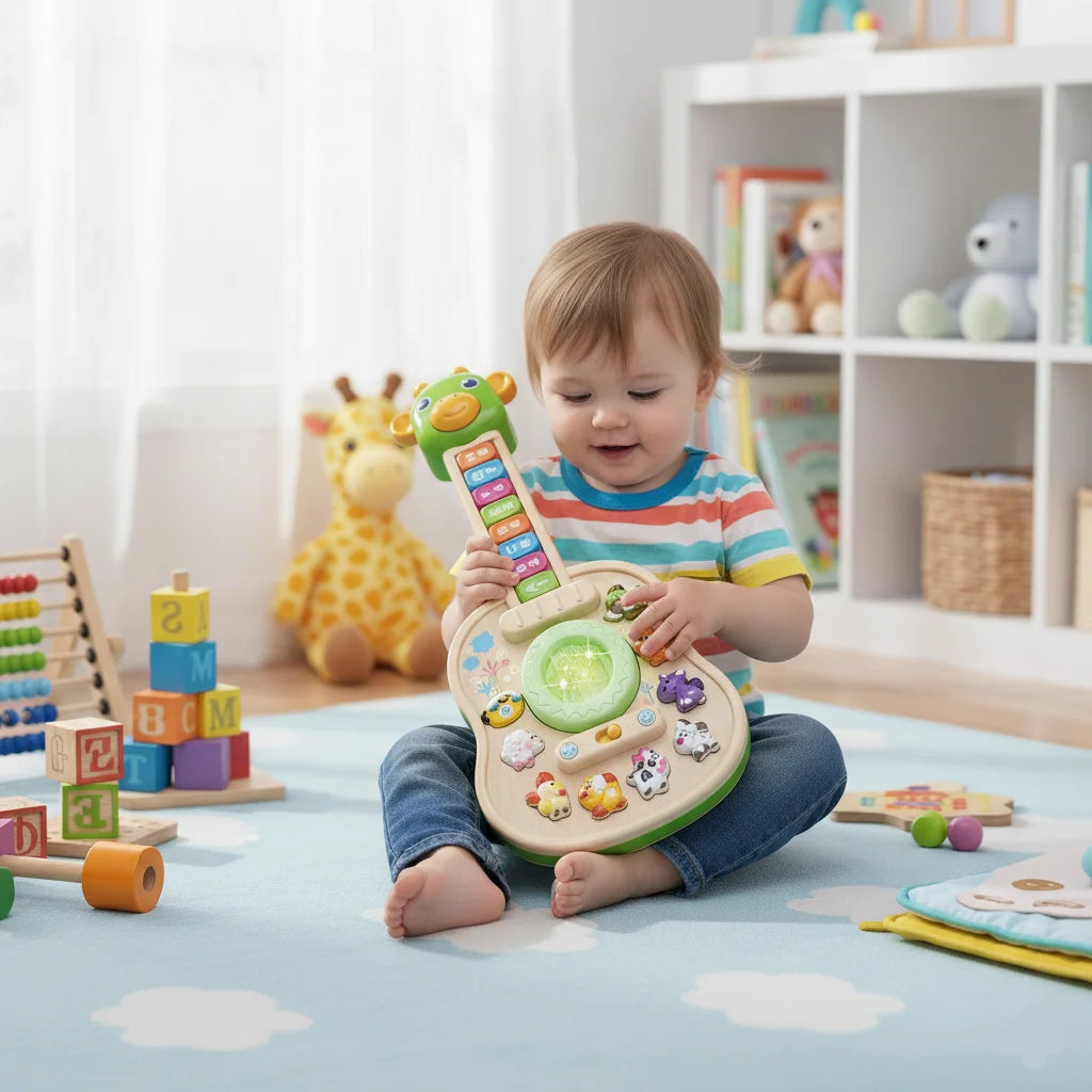 Children's Electronic Guitar, Baby Piano with Animal Sounds, Color Recognition,Lights & Melodies Educational Toy, Green Giraffe