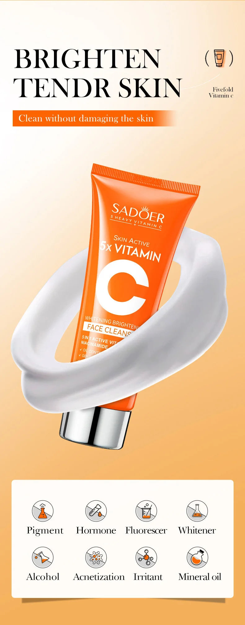 SADOER Vitamin C  Facial Cleanser Face Wash Foam Cleanser Deep Cleansing Moisturizing Brightening Hydrating Skin Care Products