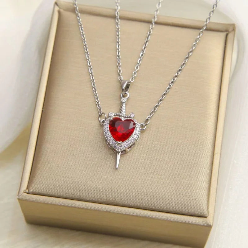 Arrow Through Heart Couple Pendant Necklace - Copper Zircon