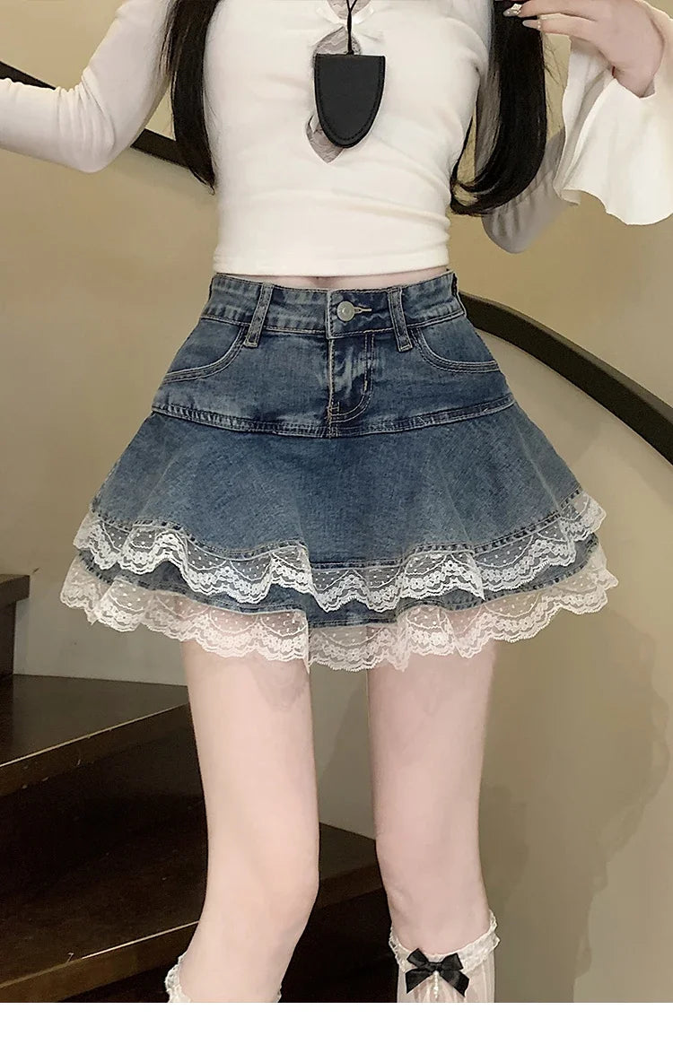Summer Denim Skirt Women Fashion Streetwear Ruffles Kawaii Lace Skirts Shorts Preppy Mini Y2K School Pleated Jeans Skirt 2026