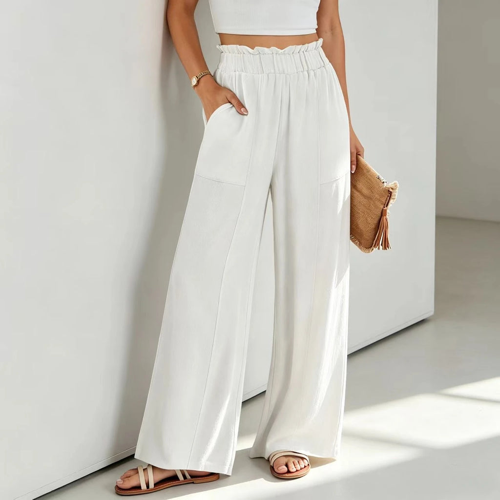 Women's Ruffle Elastic High Waist Wide Leg Pants Loose Casual Long Trousers With Pockets Spring Summer Daily Wear