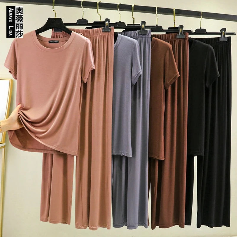 Women's Modal Pajama Set - Wide Leg Pants Casual Lounge Wear